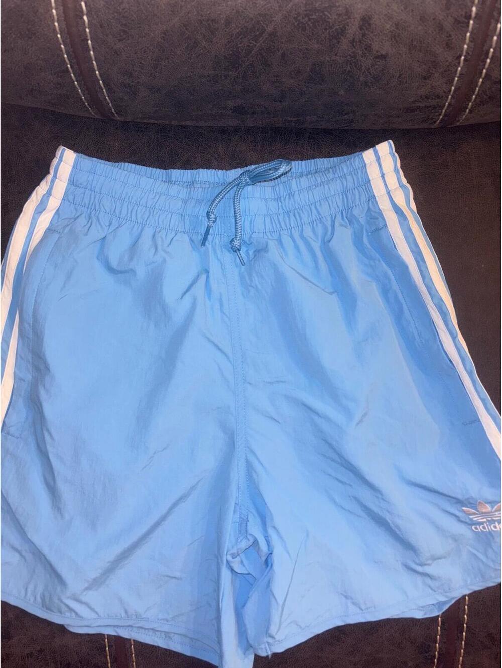Adidas Trefoil Swim Trunks Mens XS Blue White 3 Stripe Drawstring Shorts NWT